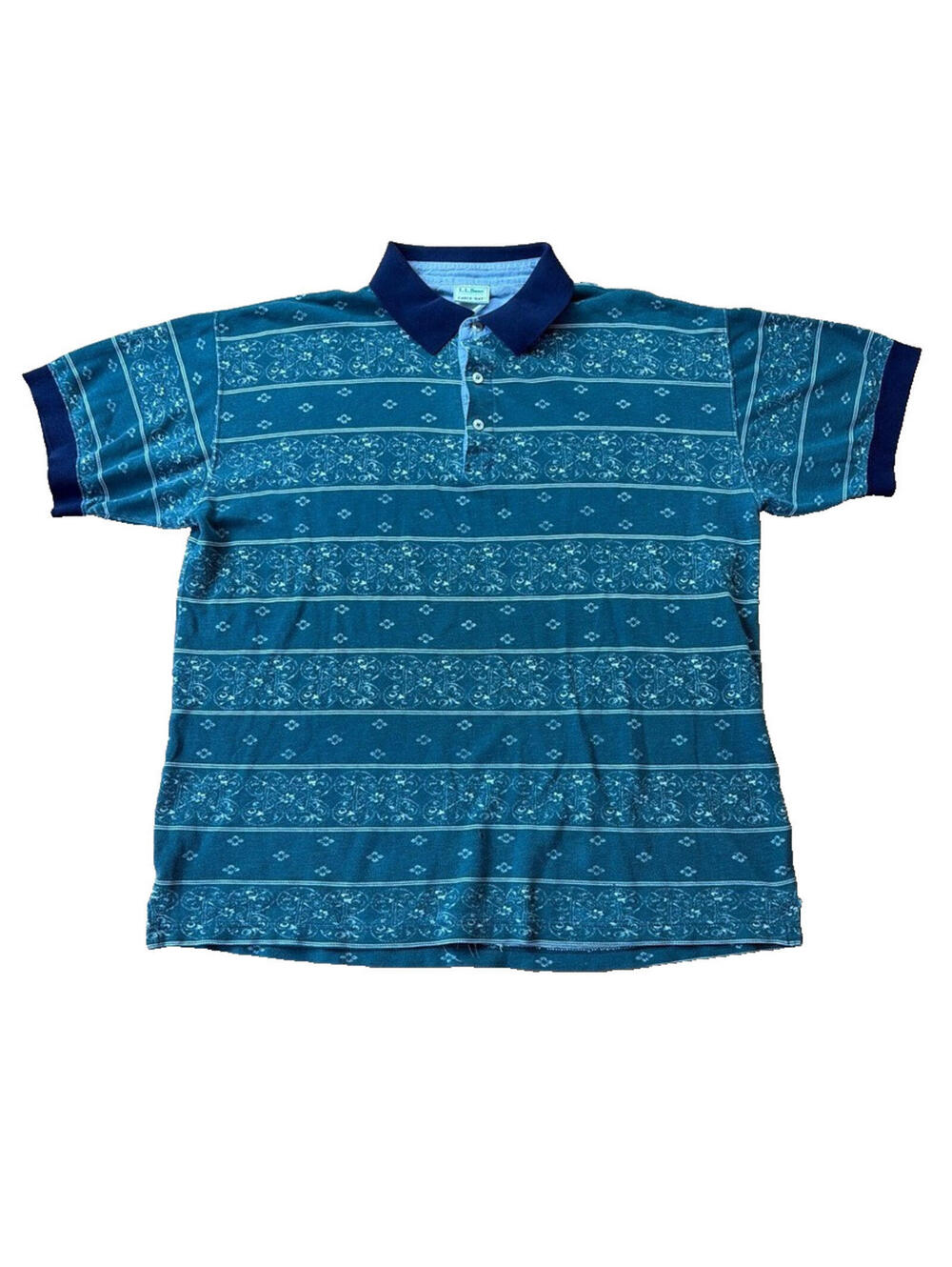 Vintage L.L.Bean Floral Polo Shirt Mens L Blue Tropical Floral Cotton Knit 90s